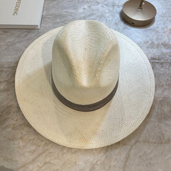 Janessa Leone Cream Brown Band Woven Straw Classic Fedora Hat US Made Size M